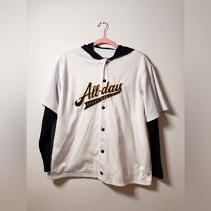 Youth Old Navy White and Black Layered Hooded Baseball Jersey with Gold Script